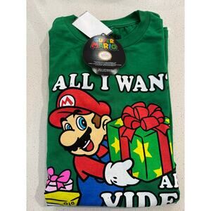 Nintendo Super Mario "All I Want Are Video Games" Christmas T-shirt Youth Green